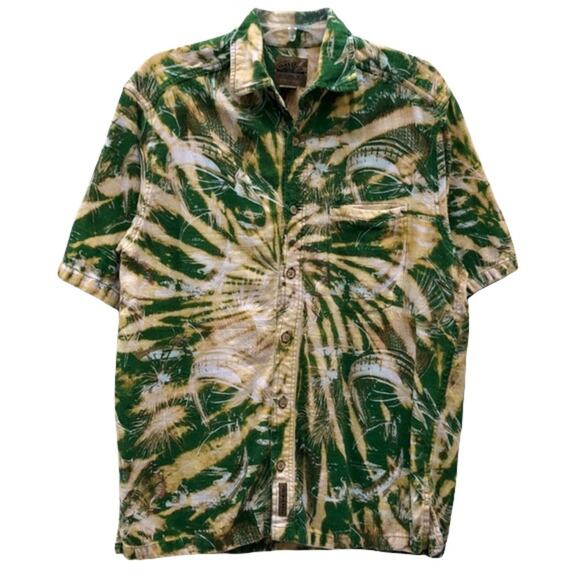 Flyshacker Sailfish Green Tan Acid Tie Dye Short Sleeve Button Shirt Mens Large - Picture 1 of 10